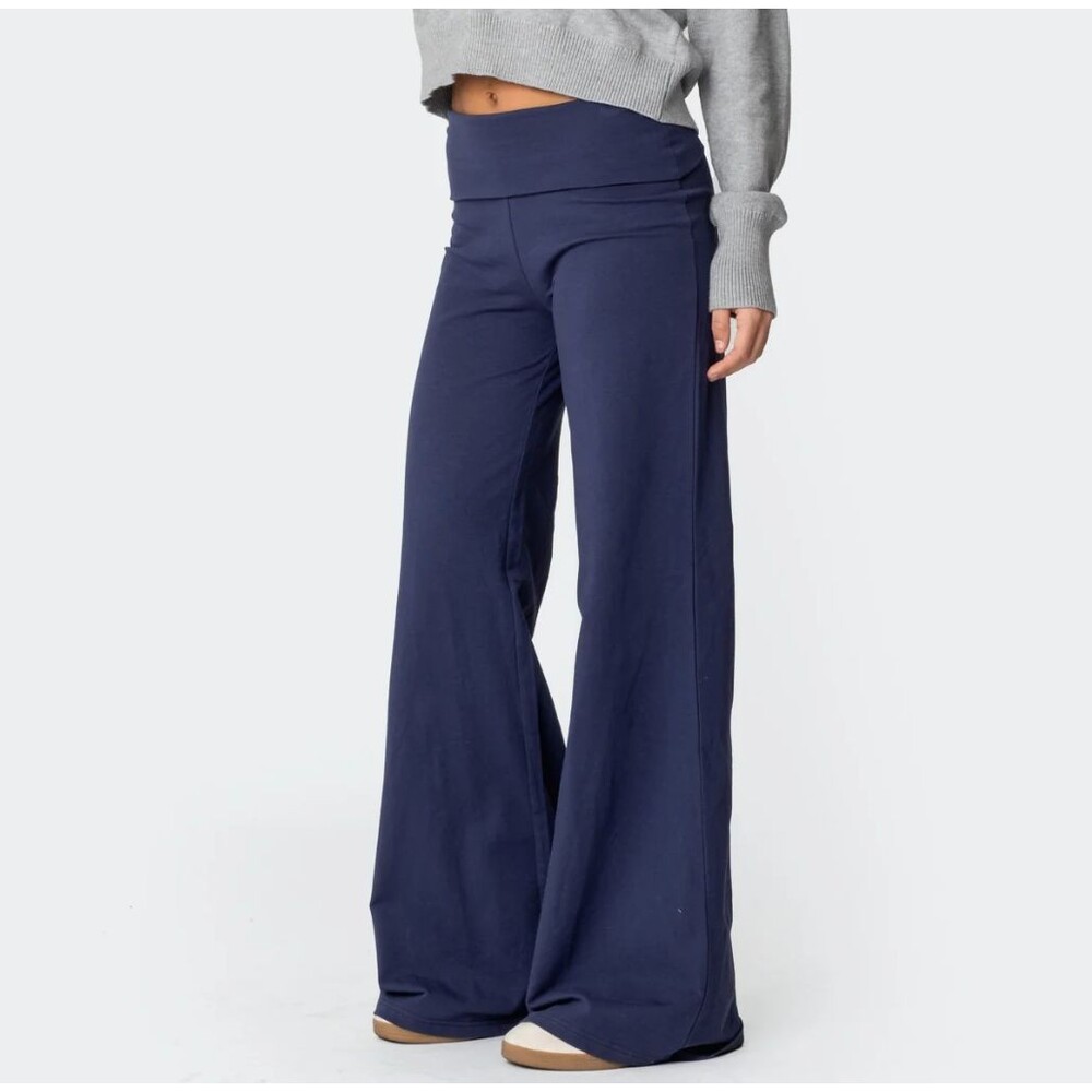 Edikted Foldover Pants cotton wide leg womens Navy Blue (xsmall) yoga athleisure